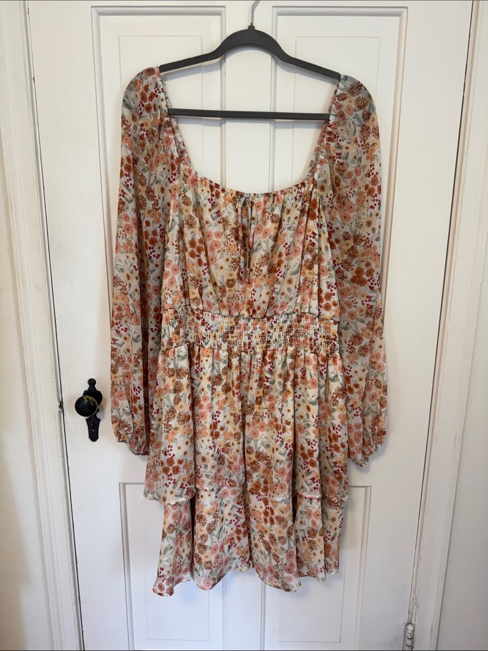 ARULA Floral Peasant Dress in Cream, Rust & Sage